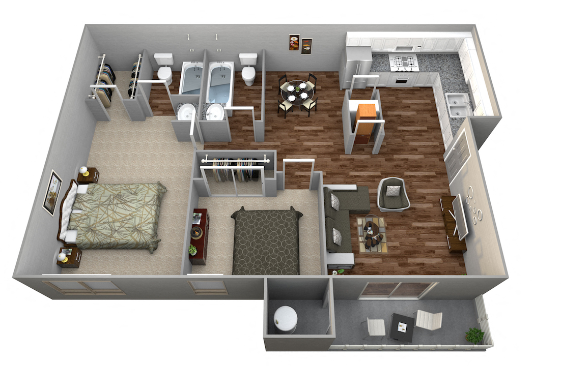 Floor plan for 2 beds, 2 baths, 954 sqft